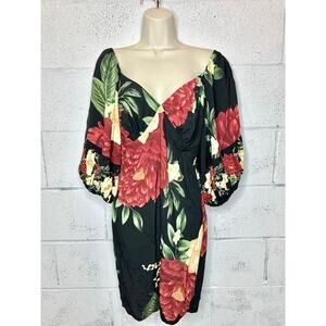 FARM Rio Floral Pattern Black Red White Puff Sleeve Mini Dress Women's M